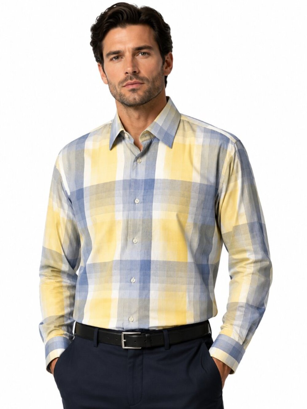 Circle of Gentlemen Men's Blue Yellow Plaid Dress Shirt - Size 44 / 17.5 US